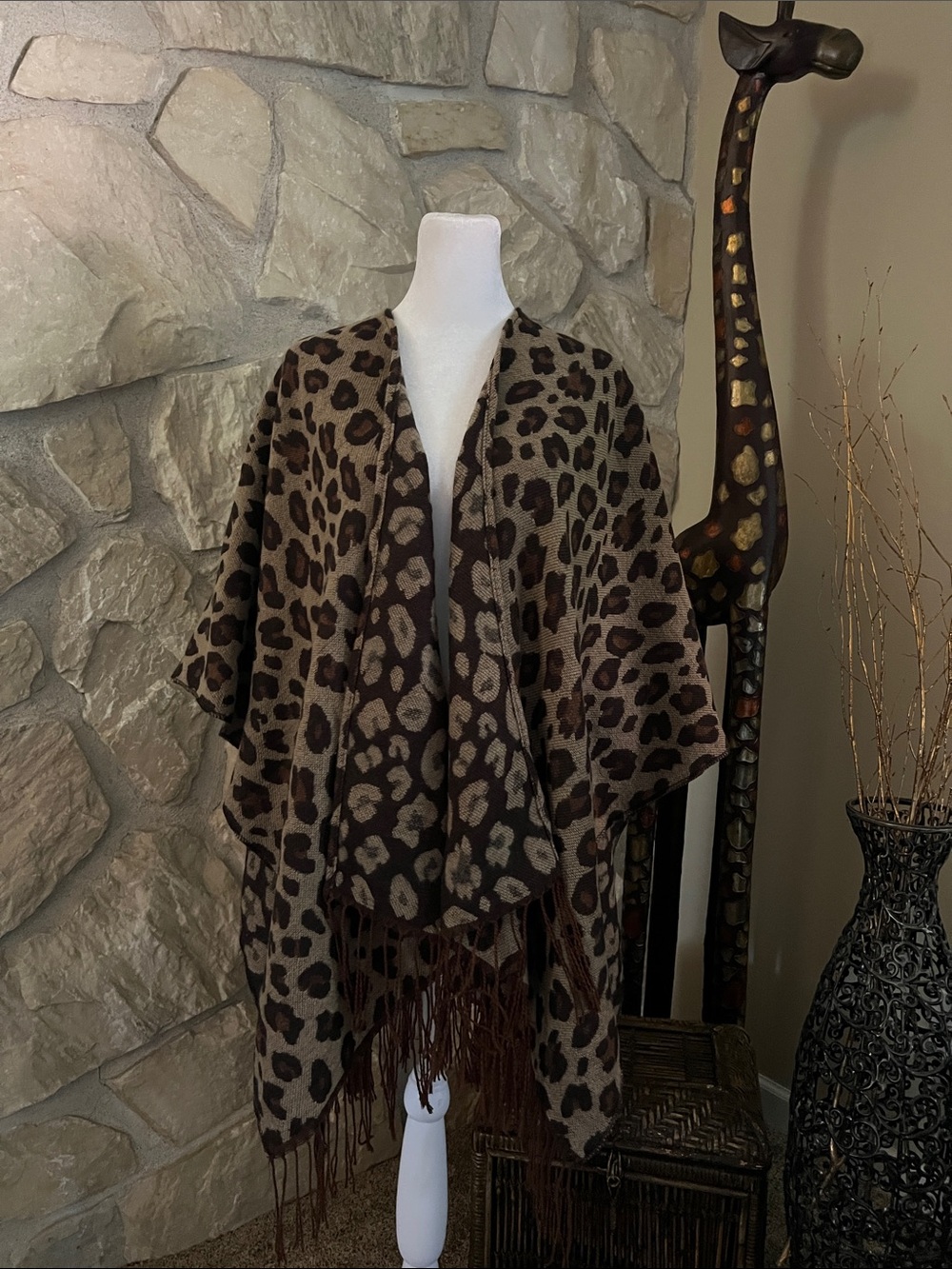 Leopard Print Fringe Cape Shawl Wrap in Rich Earth Tones